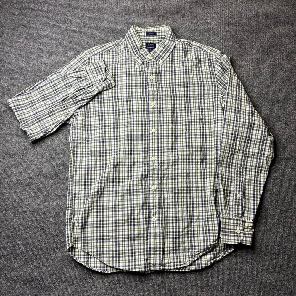 J.Crew Flex Washed Plaid Button Up Shirt Mens Medium Green Blue Classic Fit